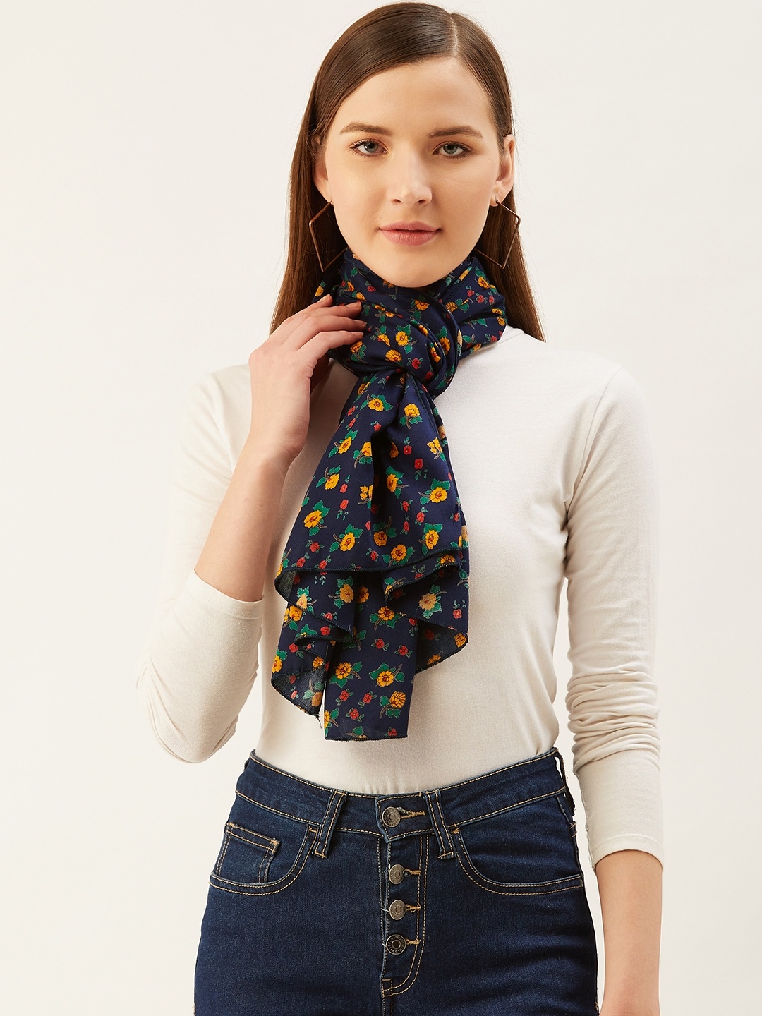 

Trend Arrest Women Navy Blue & Mustard Floral Print Scarf