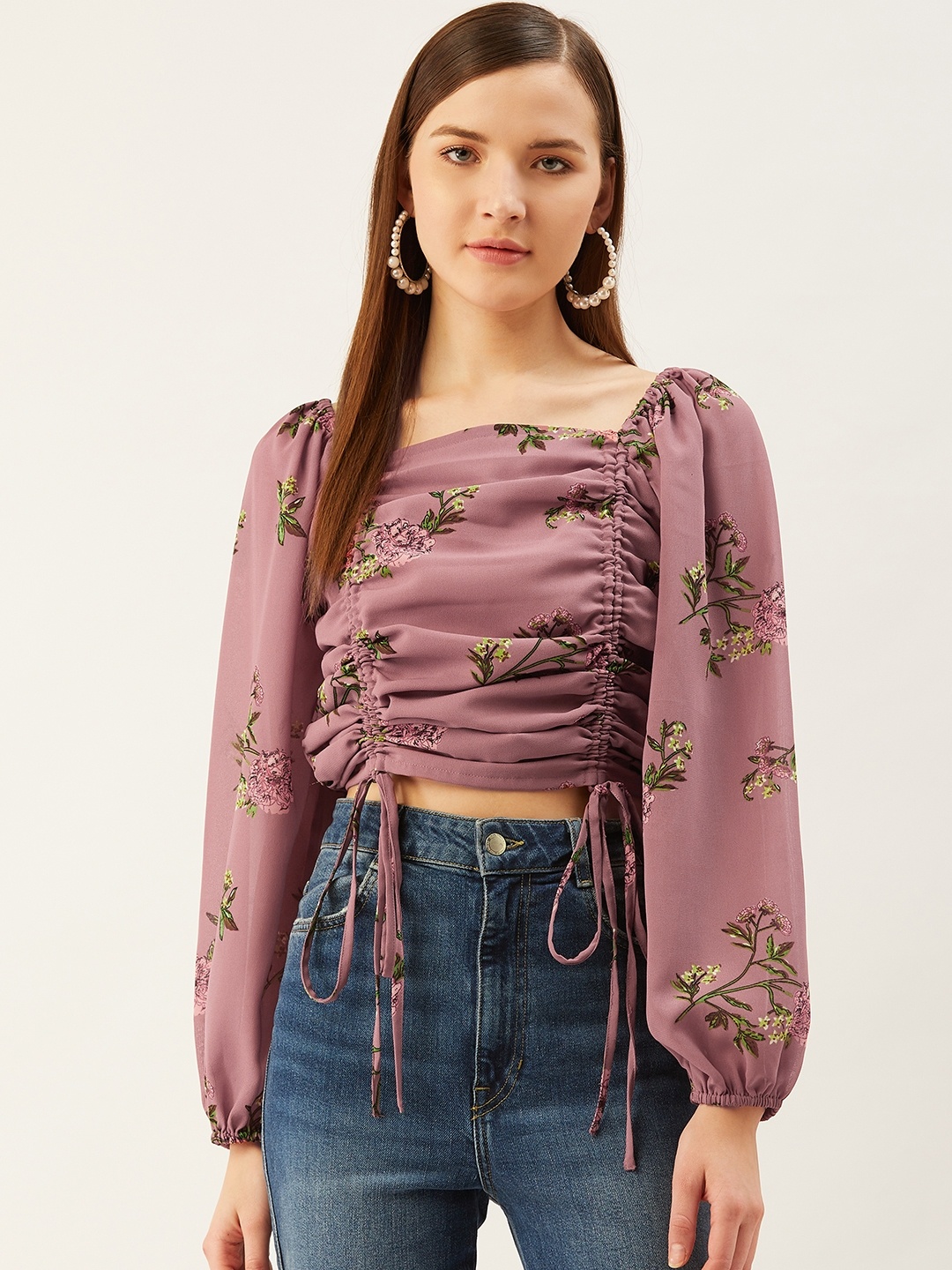 

Trend Arrest Women Mauve & Green Floral Print Fitted Top