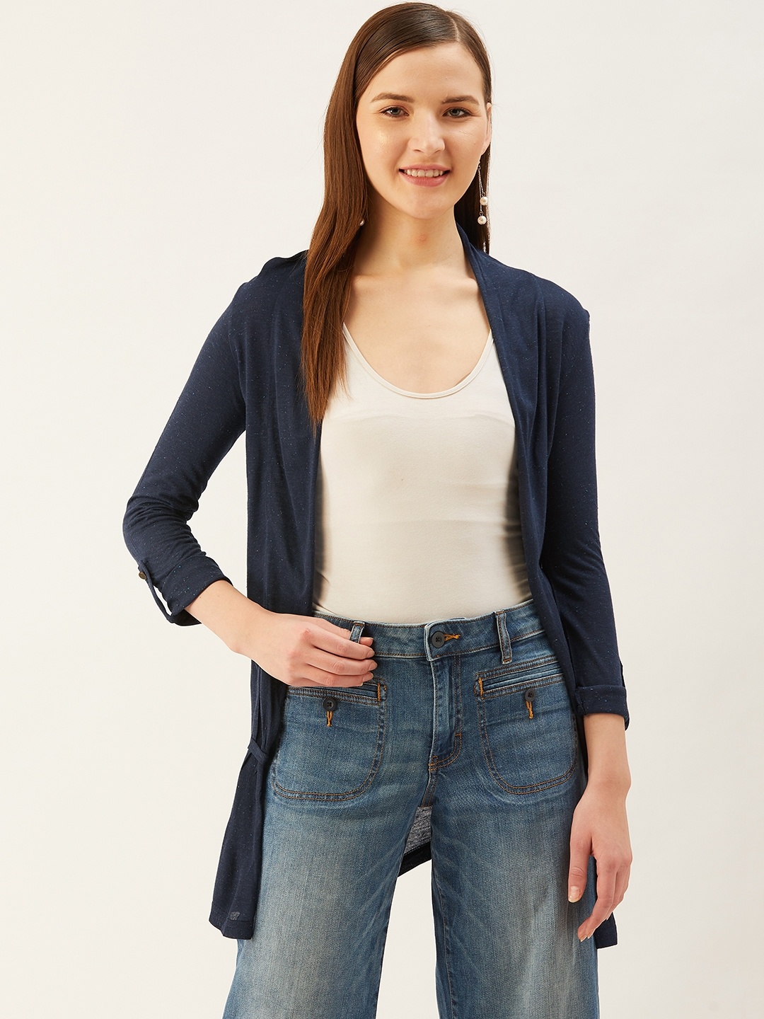 

Trend Arrest Women Navy Blue Self Design Longline Open Front Shrug