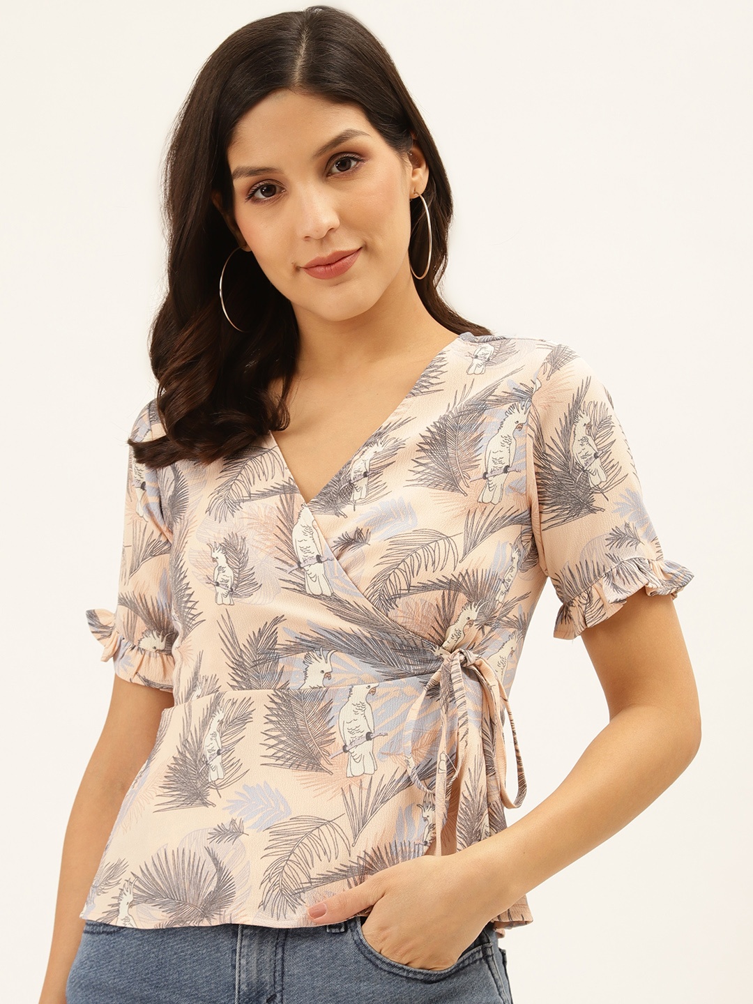 

Trend Arrest Women Beige & Grey Tropical Print Wrap Top