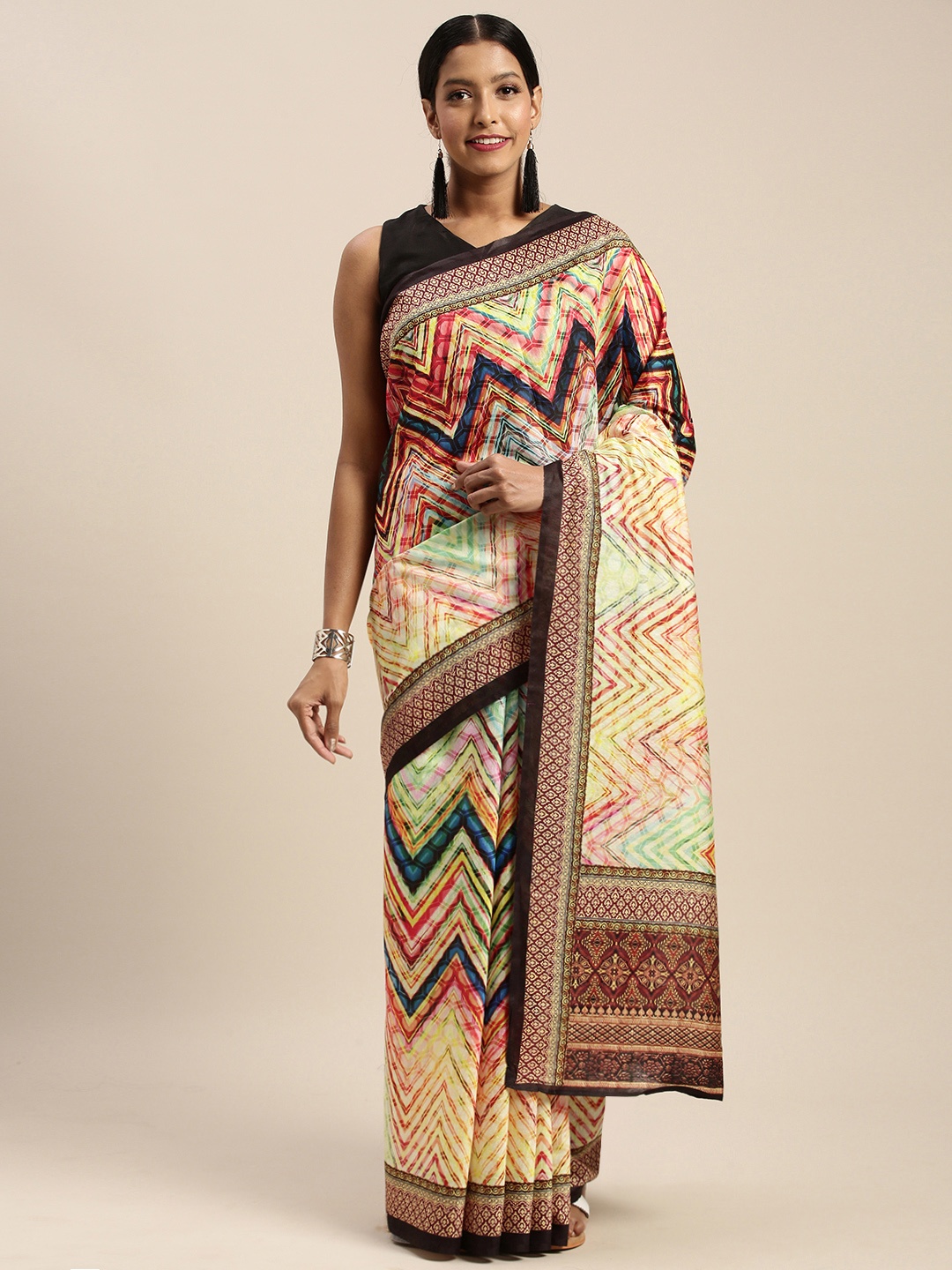 

Mirchi Fashion Off-White & Brown Pure Cotton Printed Celebrity Saree