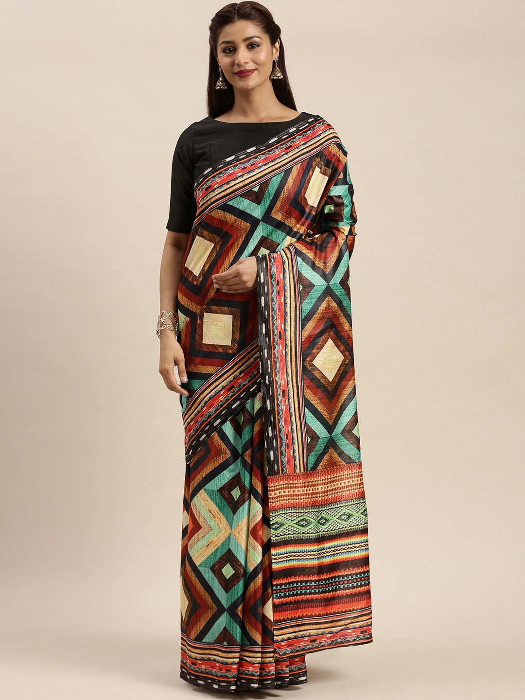 

Mirchi Fashion Brown & Black Pure Cotton Geometric Printed Saree