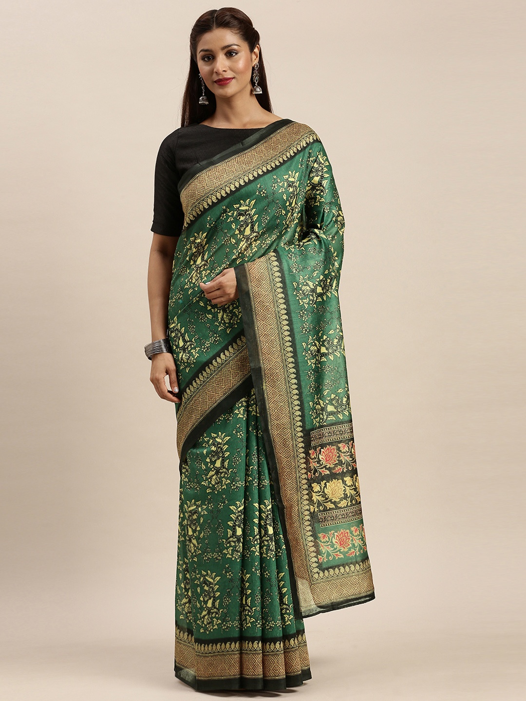 

Mirchi Fashion Green Floral Printed Pure Cotton Saree