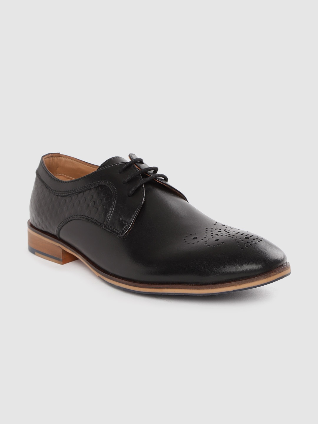 

CLOG LONDON Men Solid Black Leather Formal Derbys with Perforated & Textured Detail