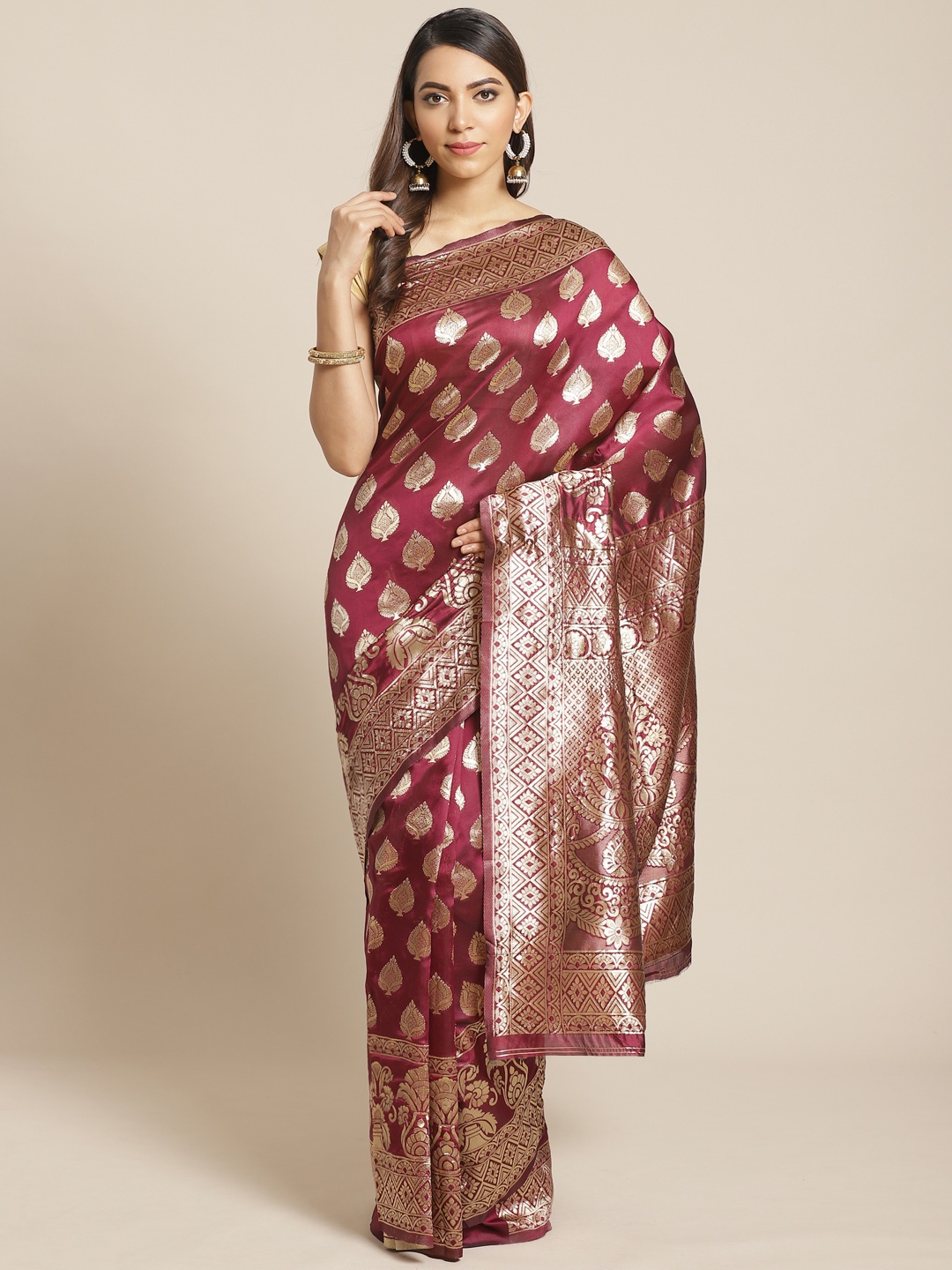 

Mitera Burgundy & Golden Woven Design Banarasi Saree