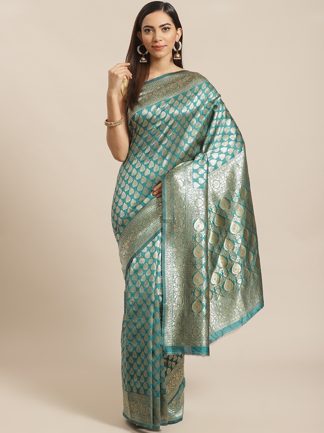 

Mitera Teal Green & Golden Woven Design Banarasi Saree