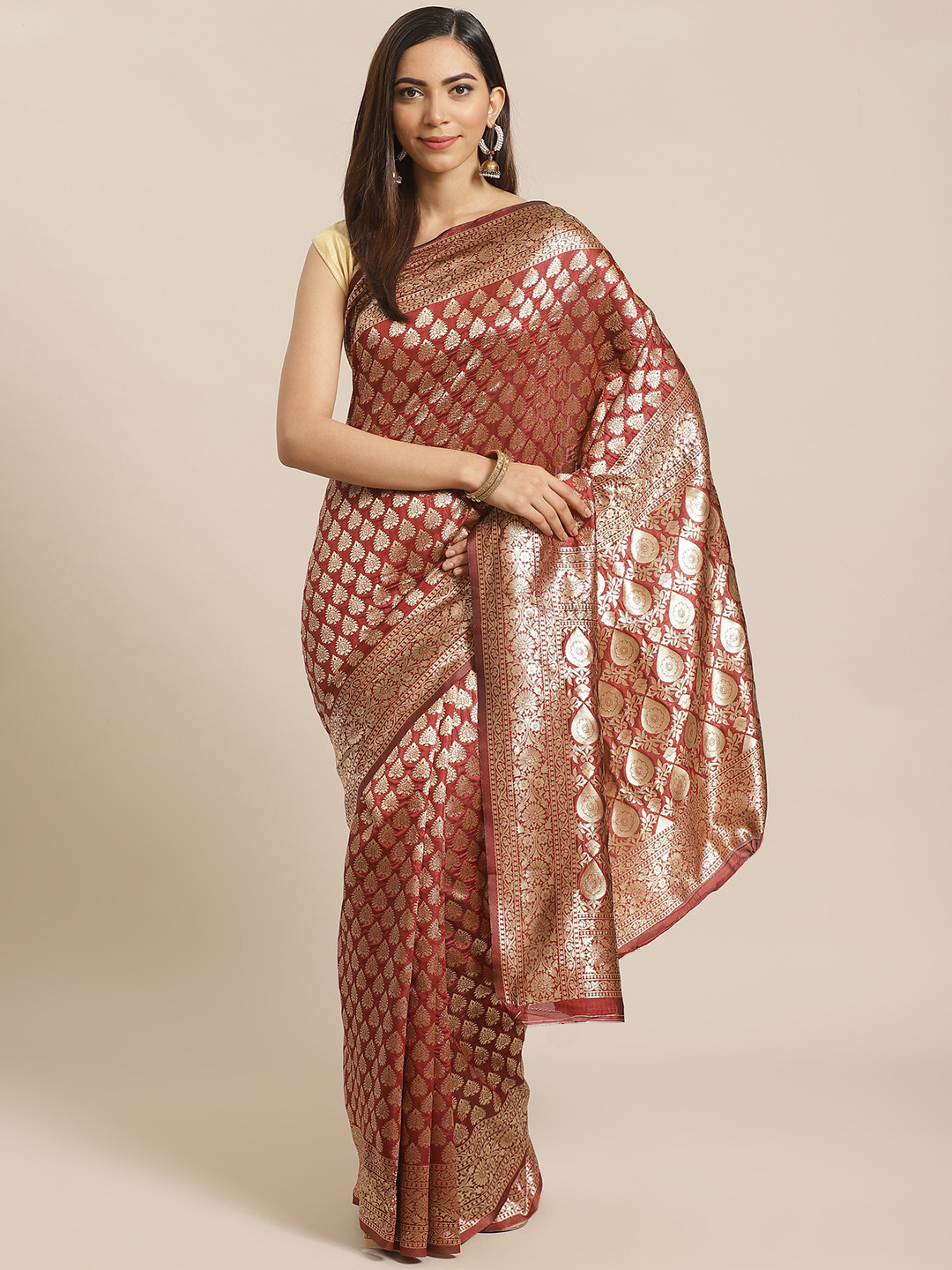 

Mitera Maroon & Golden Woven Design Banarasi Saree