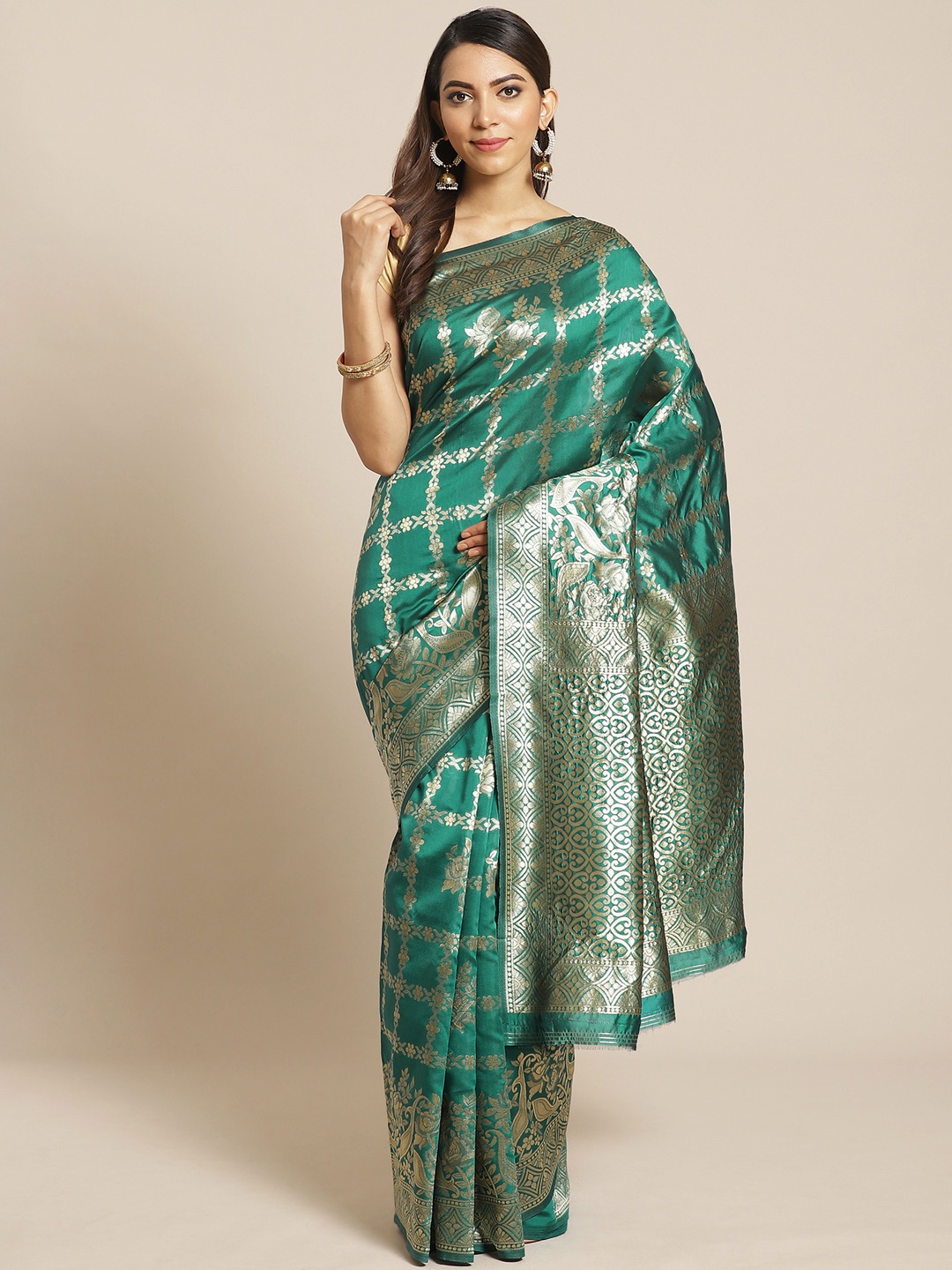 

Mitera Teal Green & Golden Checked Banarasi Saree