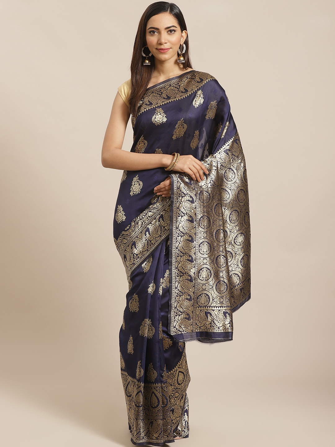 

Mitera Navy Blue & Golden Woven Design Banarasi Saree