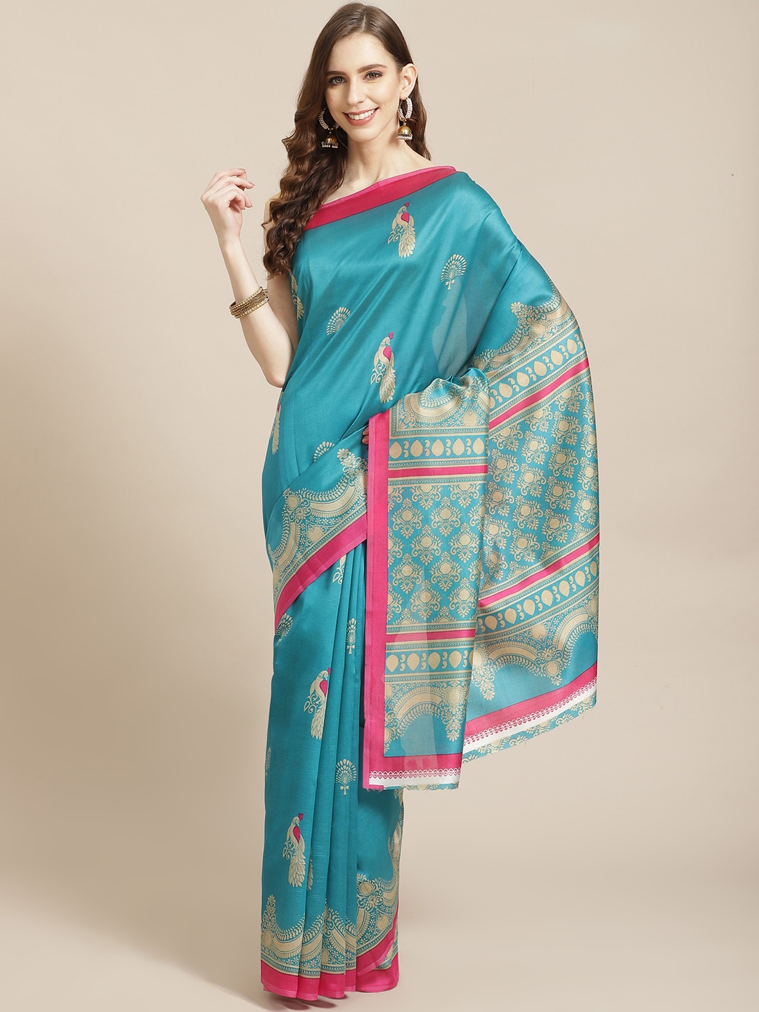 

KALINI Teal Blue & Beige Peacock Print Mysore Silk Saree