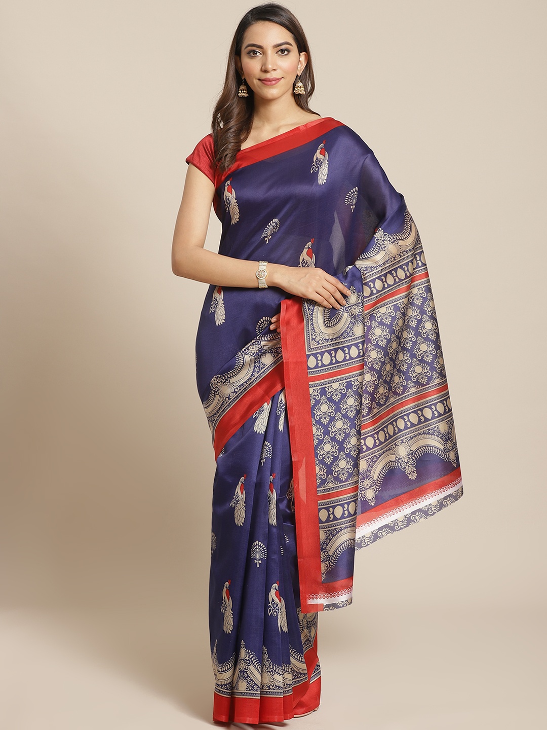 

KALINI Blue & Red Ethnic Motif Print Mysore Silk Saree
