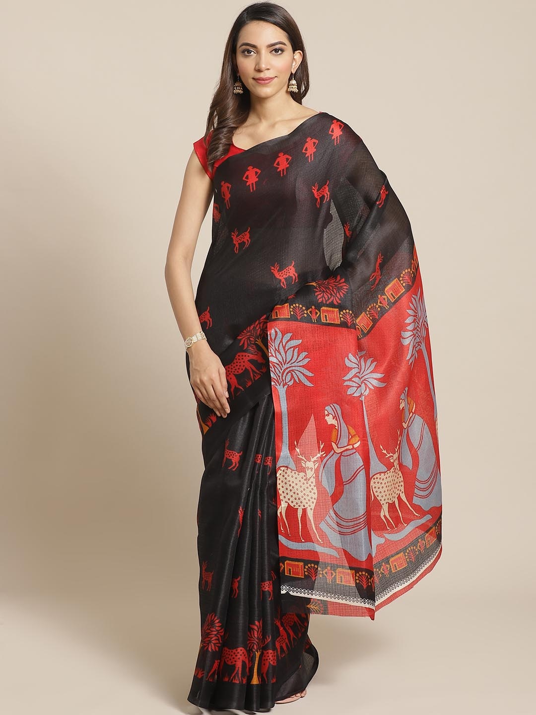 

KALINI Black & Red Printed Saree