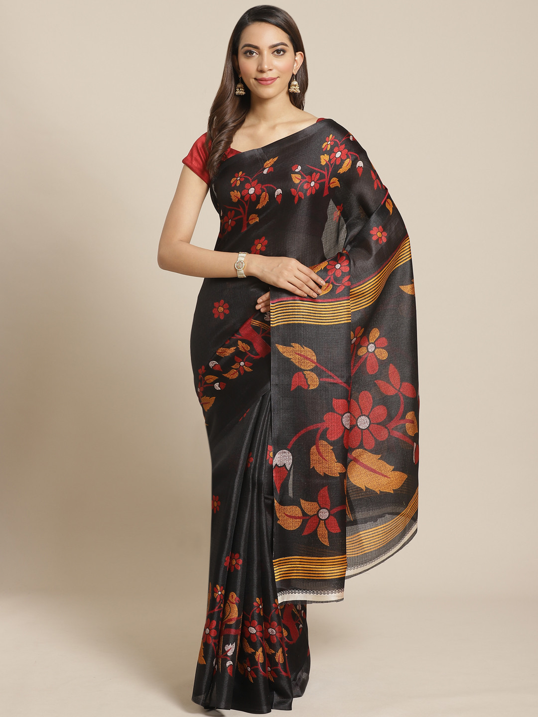 

KALINI Black & Red Floral Printed Saree