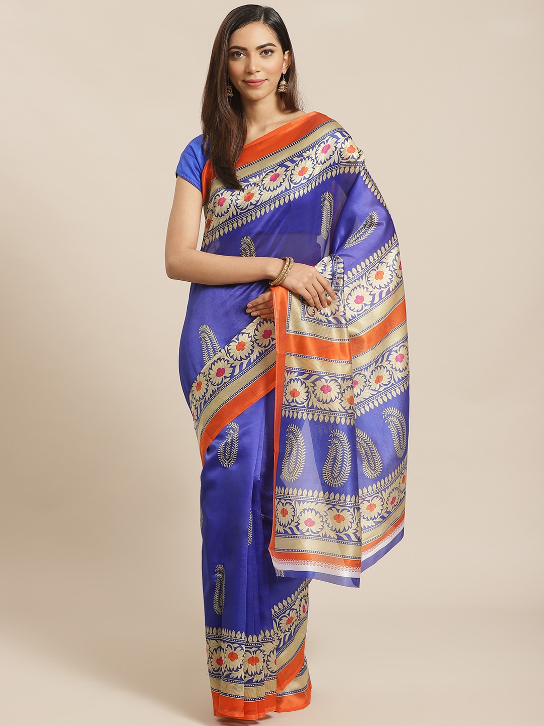

KALINI Blue & Beige Poly Silk Ethnic Motifs Print Saree