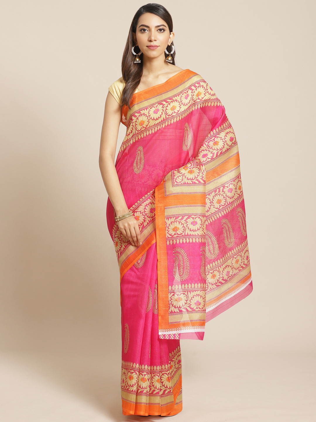 

KALINI Pink & Beige Paisley Printed Saree