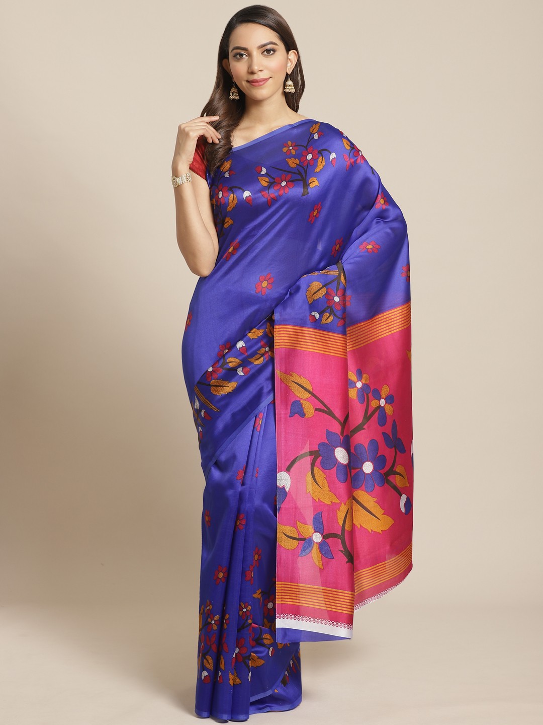 

KALINI Blue & Pink Printed Mysore Silk Saree
