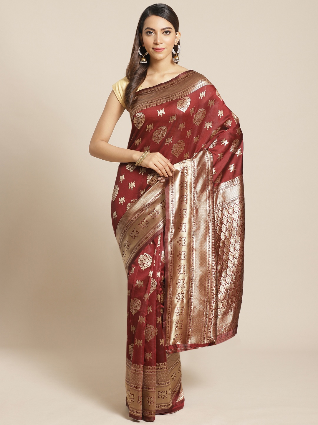 

Mitera Burgundy & Golden Woven Design Banarasi Saree