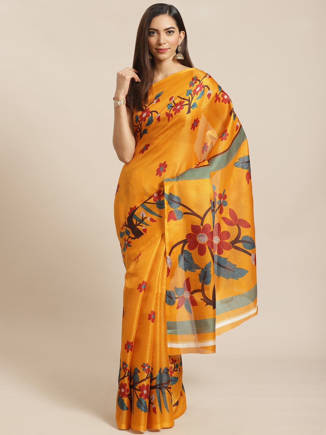 

KALINI Mustard Yellow & Green Printed Saree
