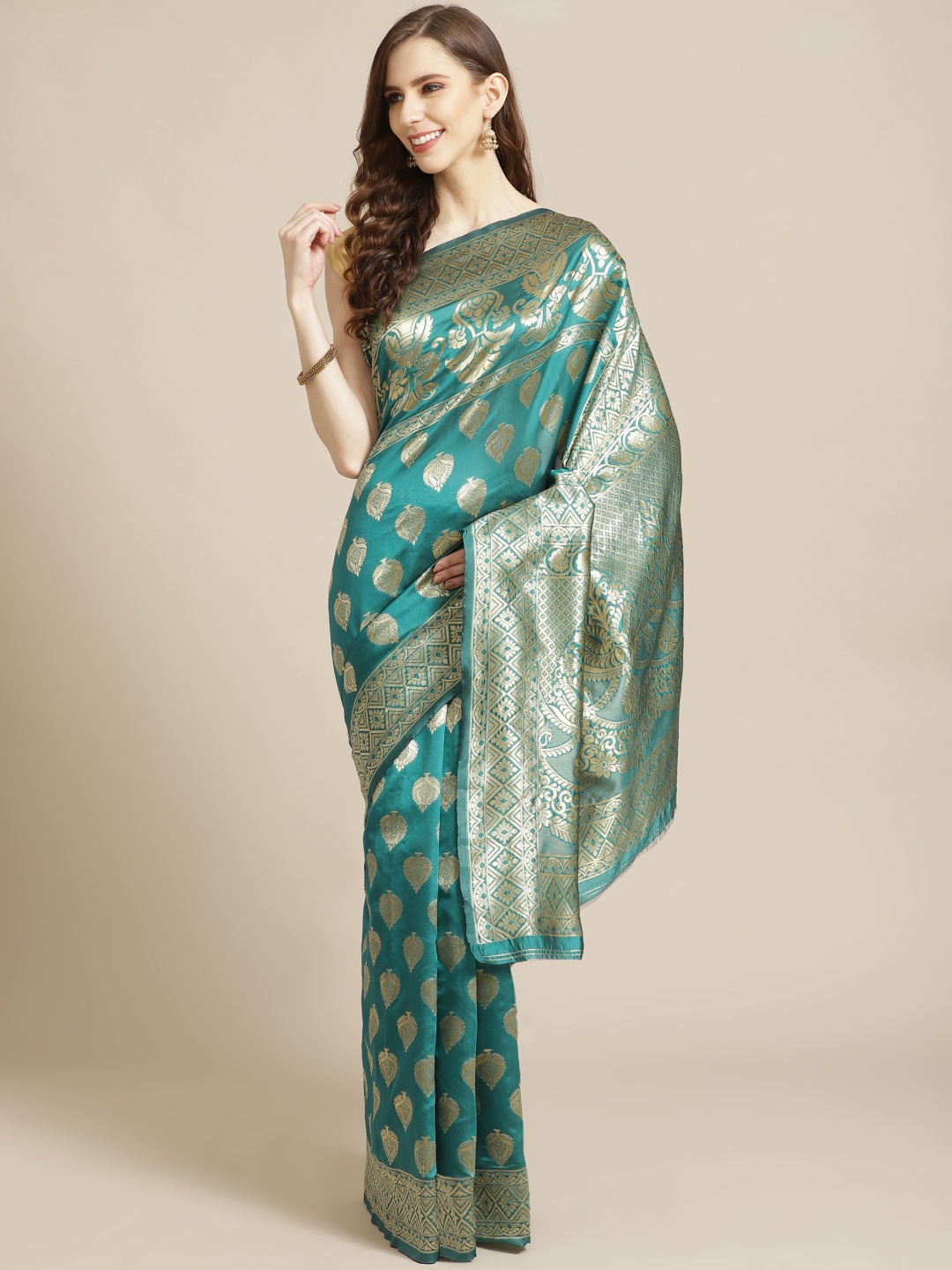 

Mitera Teal Blue & Golden Woven Design Banarasi Saree