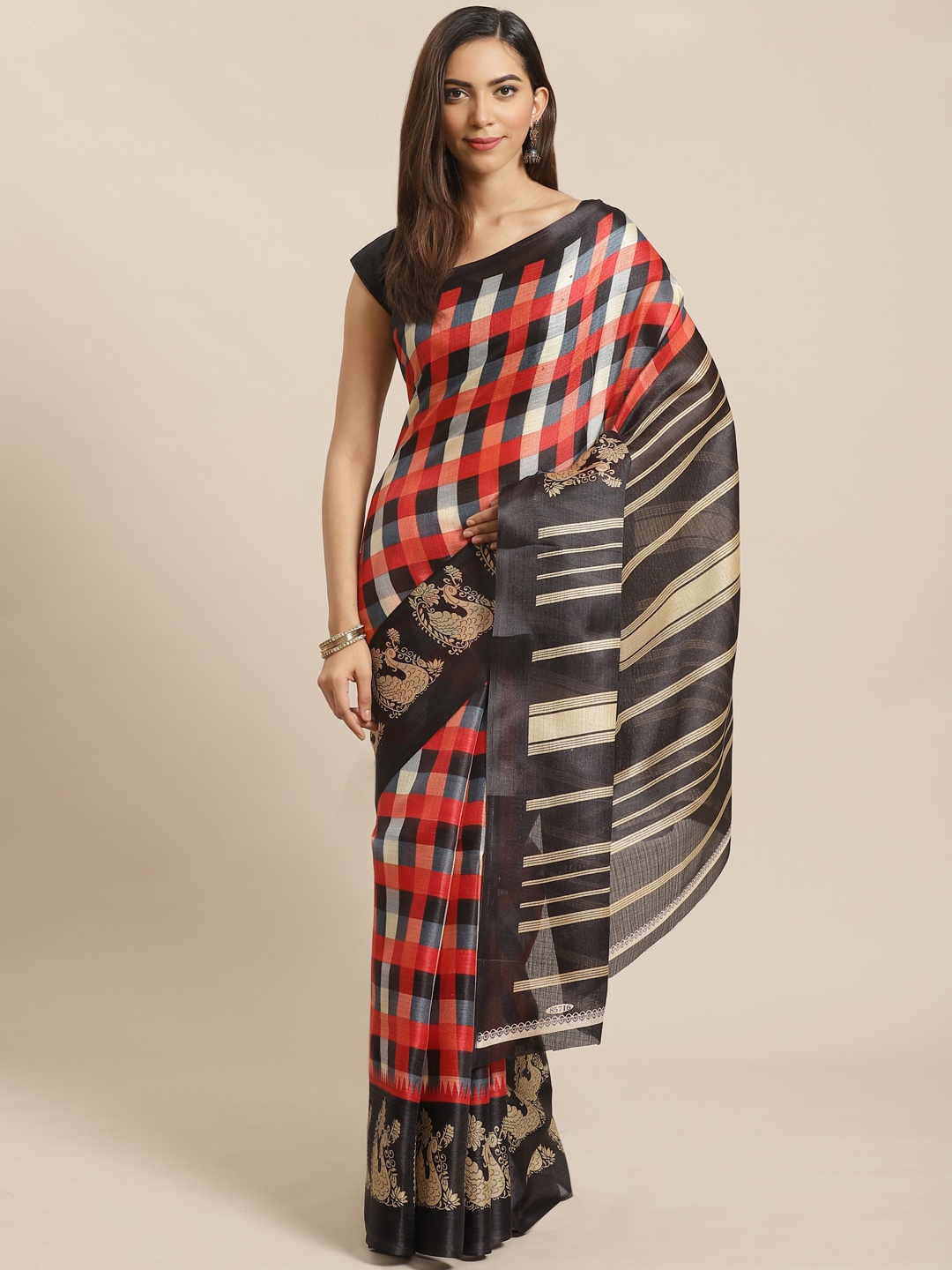 

KALINI Red & Black Checked Saree