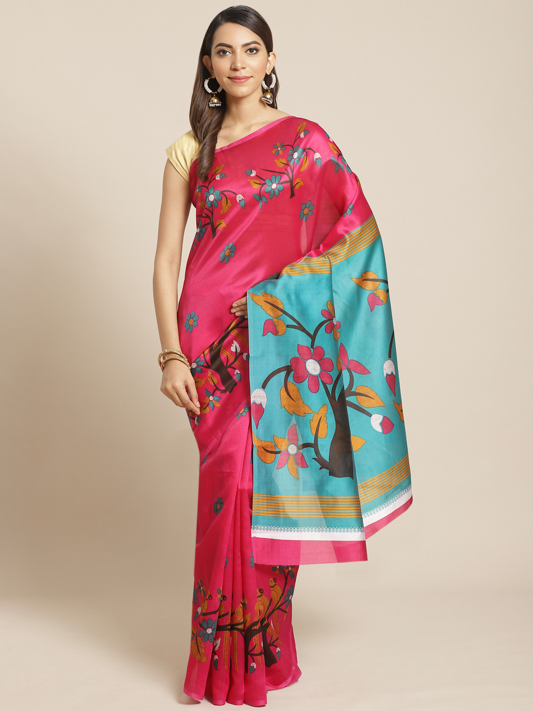 

KALINI Pink & Blue Ethnic Motif Printed Mysore Silk Saree
