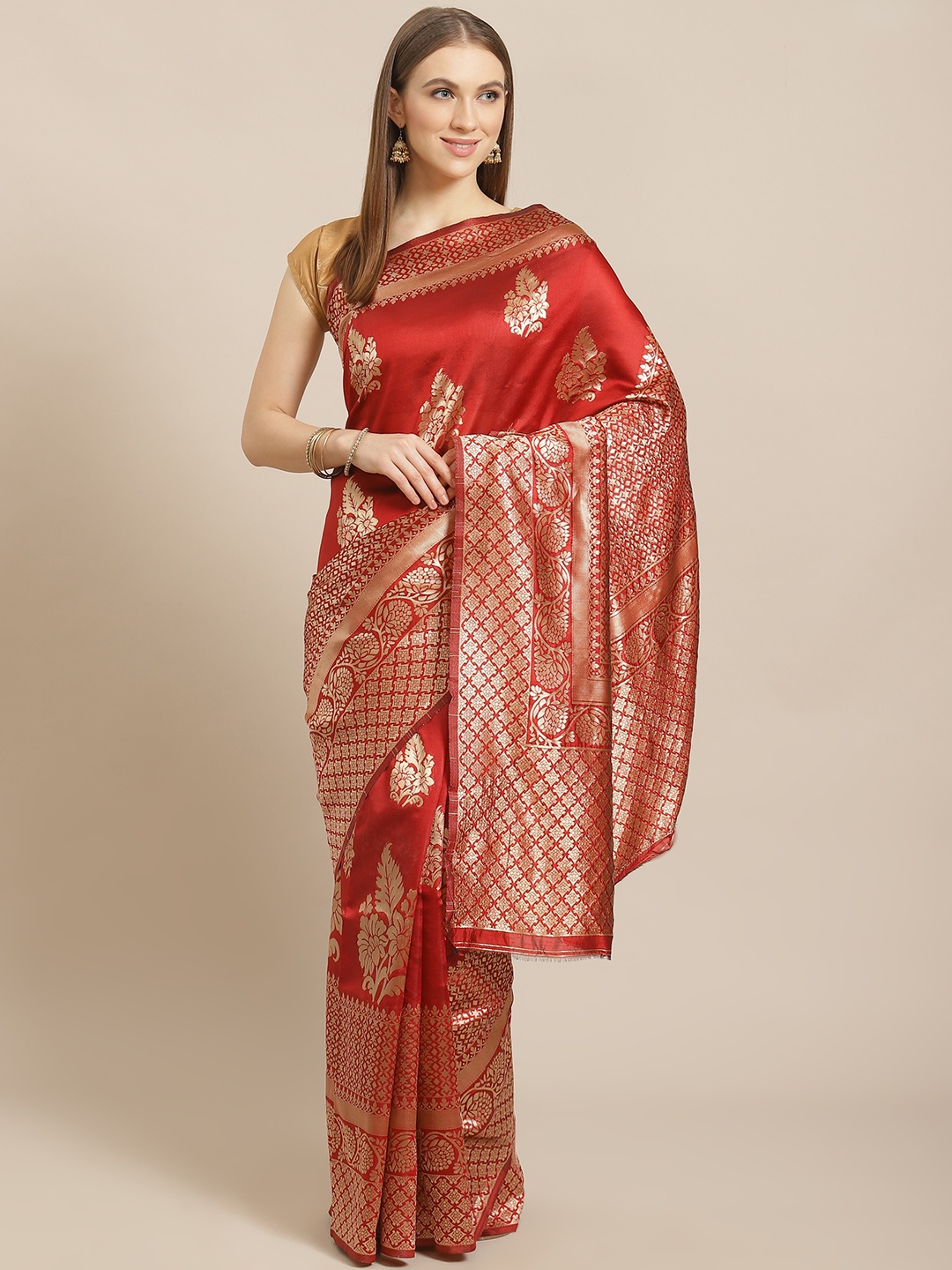 

Mitera Maroon & Golden Silk Blend Ethnic Motifs Woven Design Banarasi Saree