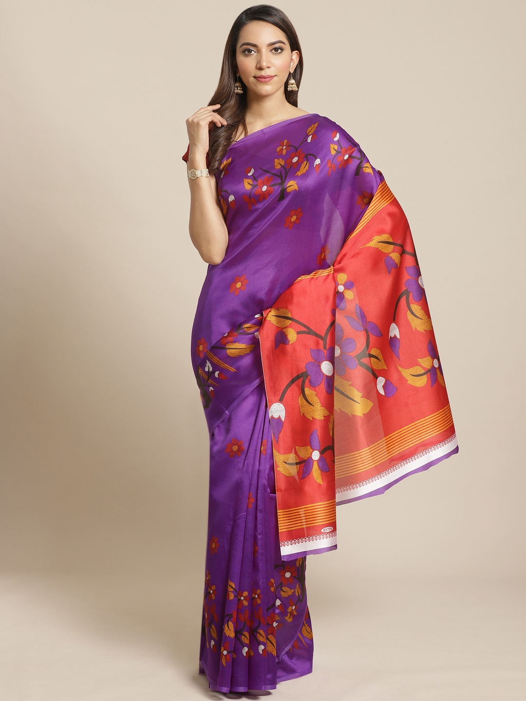 KALINI Purple & Red Floral Printed Mysore Silk Saree