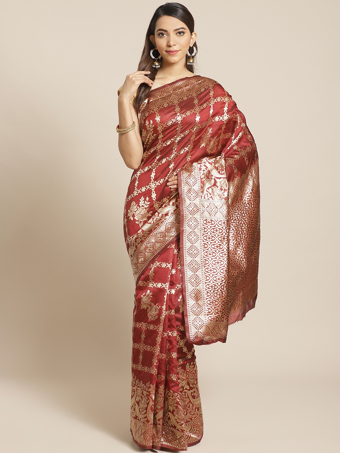 

Mitera Maroon & Golden Woven Design Kanjeevaram Saree