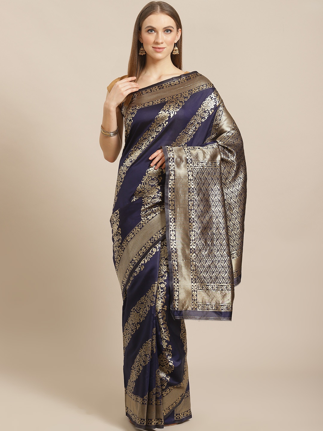 

Mitera Navy Blue & Golden Woven Design Kanjeevaram Saree