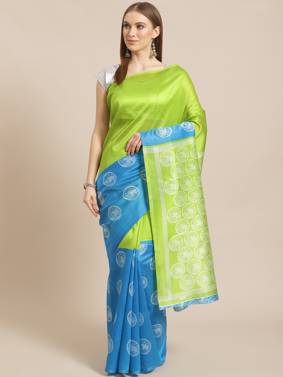 

KALINI Green & Blue Geometric Printed Saree