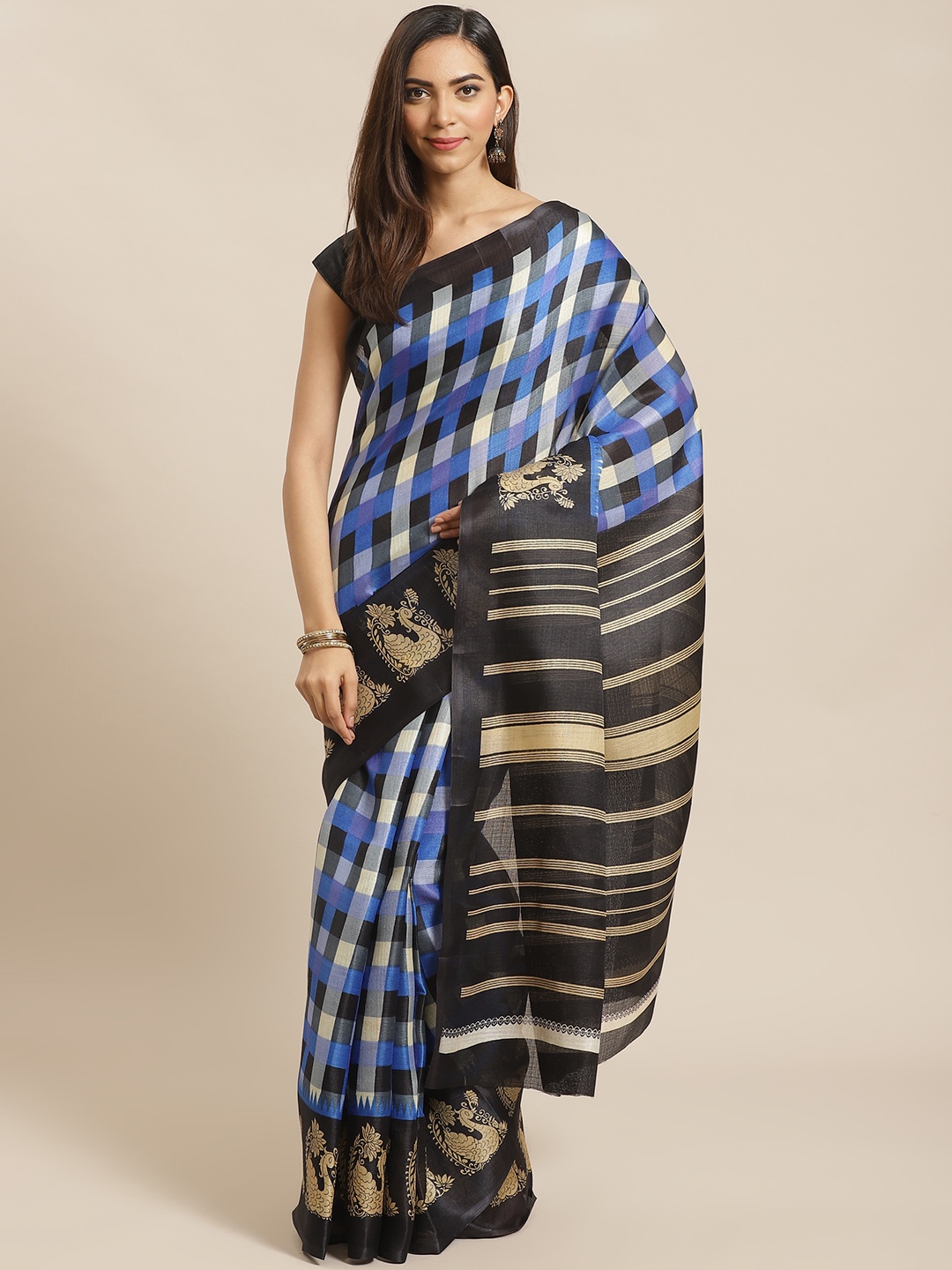 

KALINI Blue & Black Checked Saree