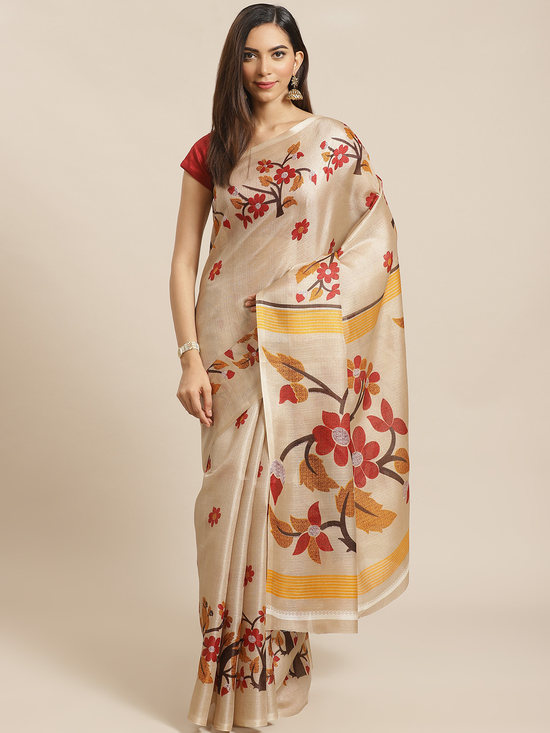 

KALINI Beige & Red Art Silk Ethnic Motifs Print Saree