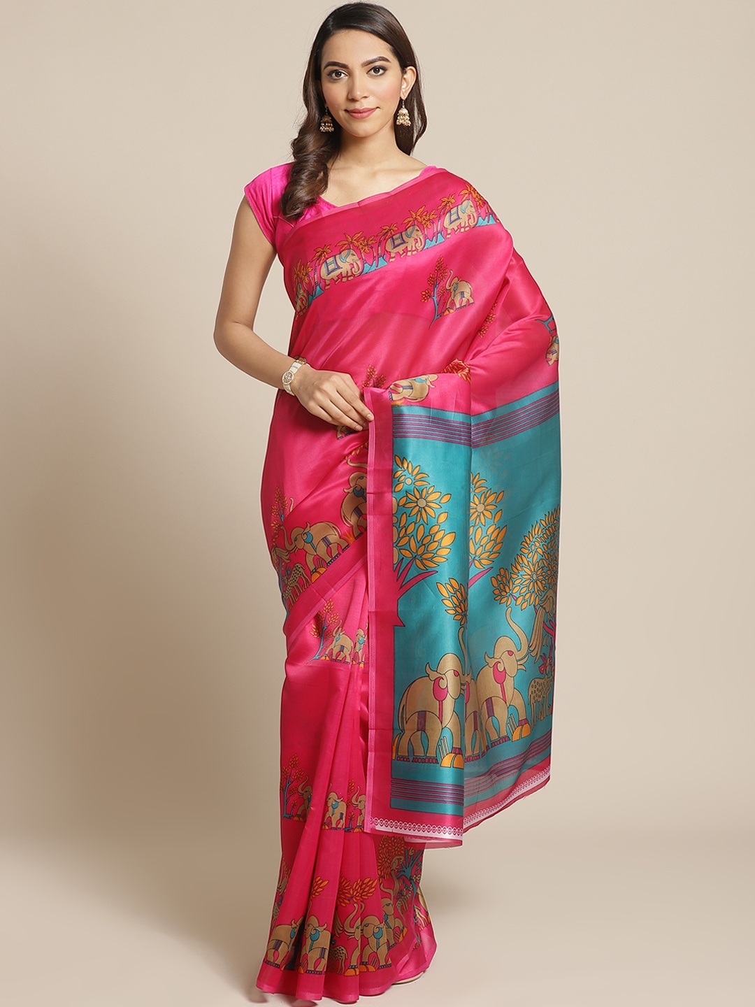

KALINI Pink & Blue Printed Mysore Silk Saree