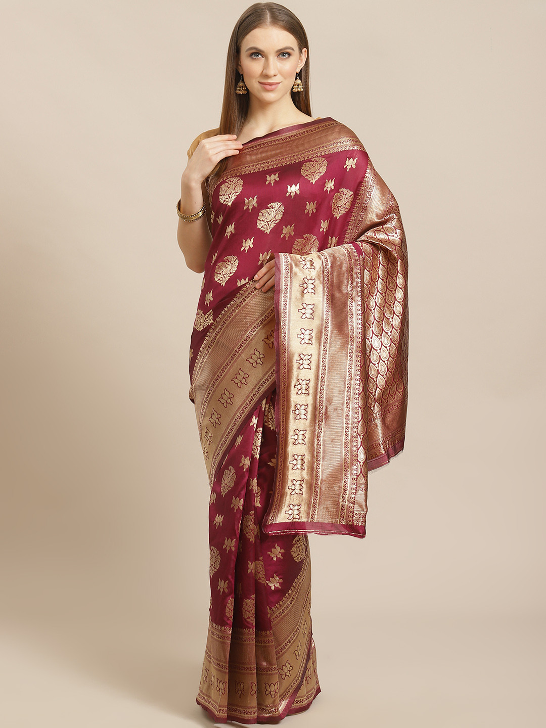 

Mitera Burgundy & Golden Woven Design Banarasi Saree