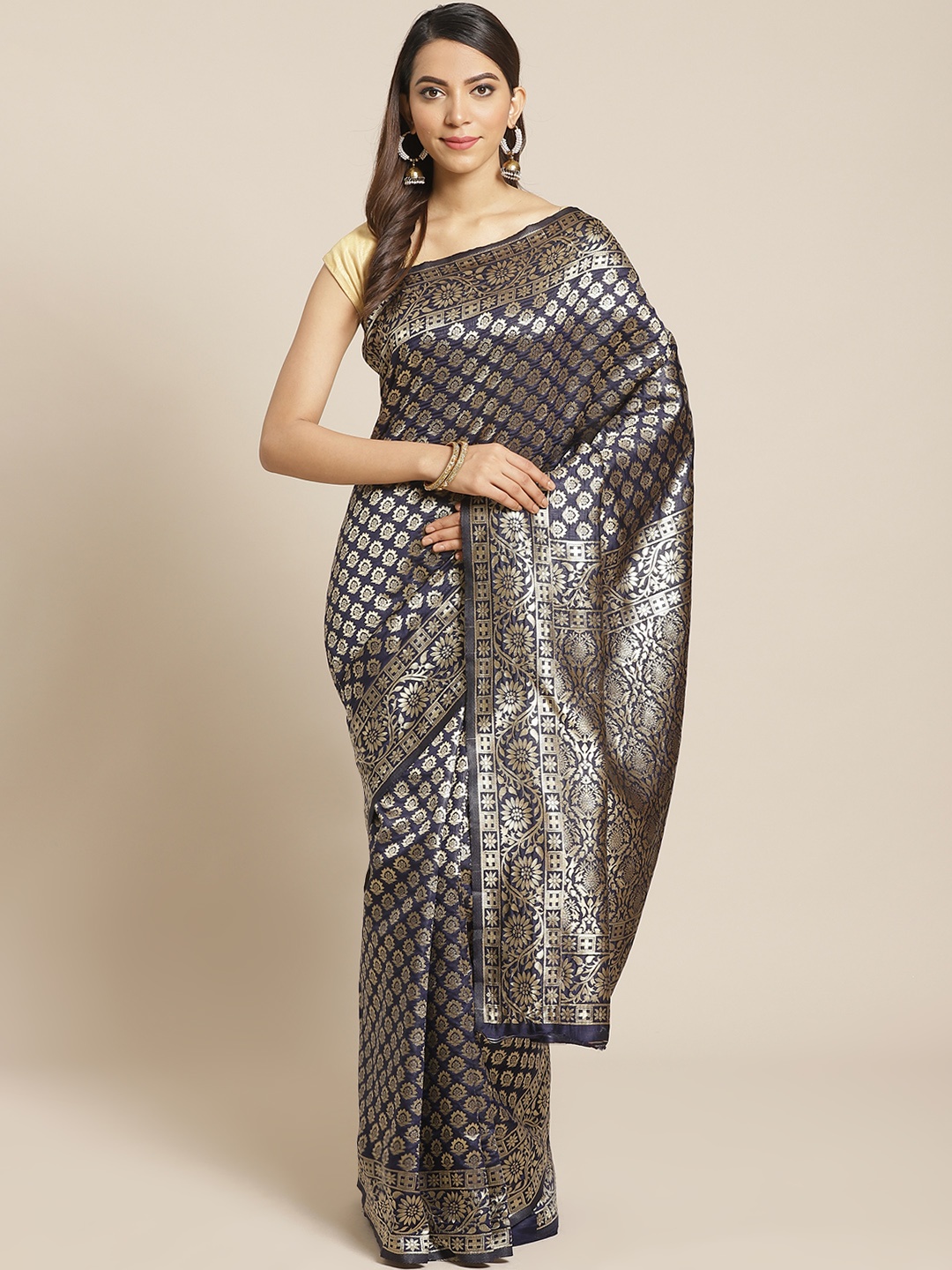 

Mitera Navy Blue & Golden Woven Design Banarasi Saree