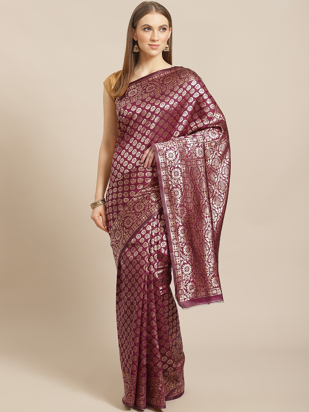 

Mitera Burgundy & Golden Woven Design Kanjeevaram Saree