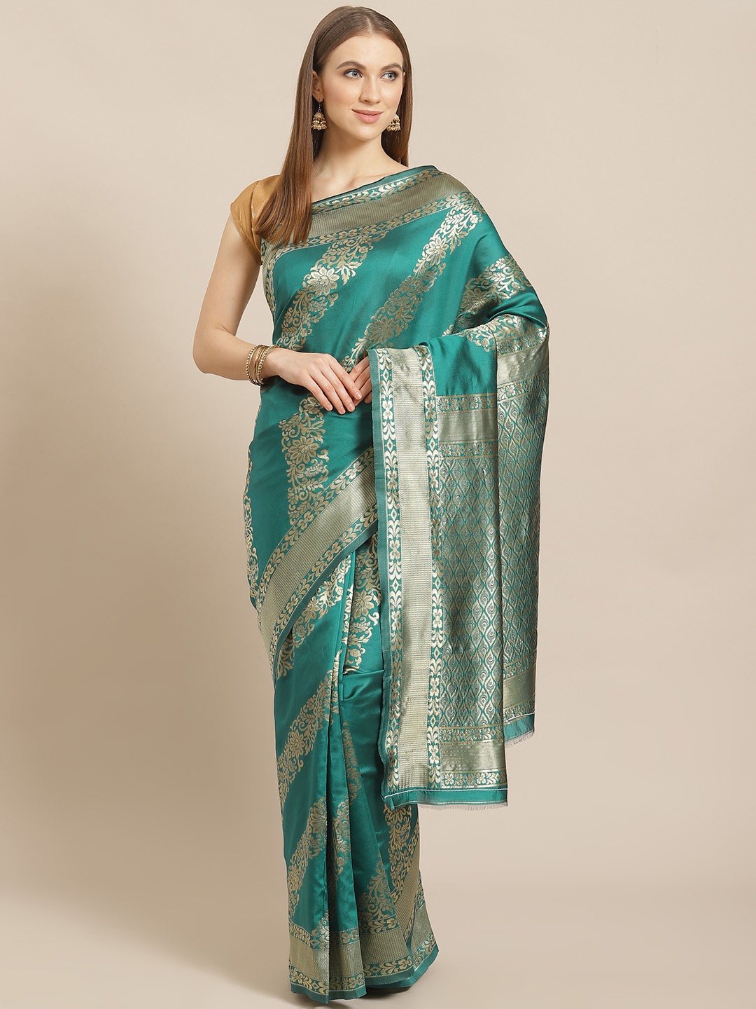 

Mitera Teal Green & Golden Woven Design Banarasi Saree