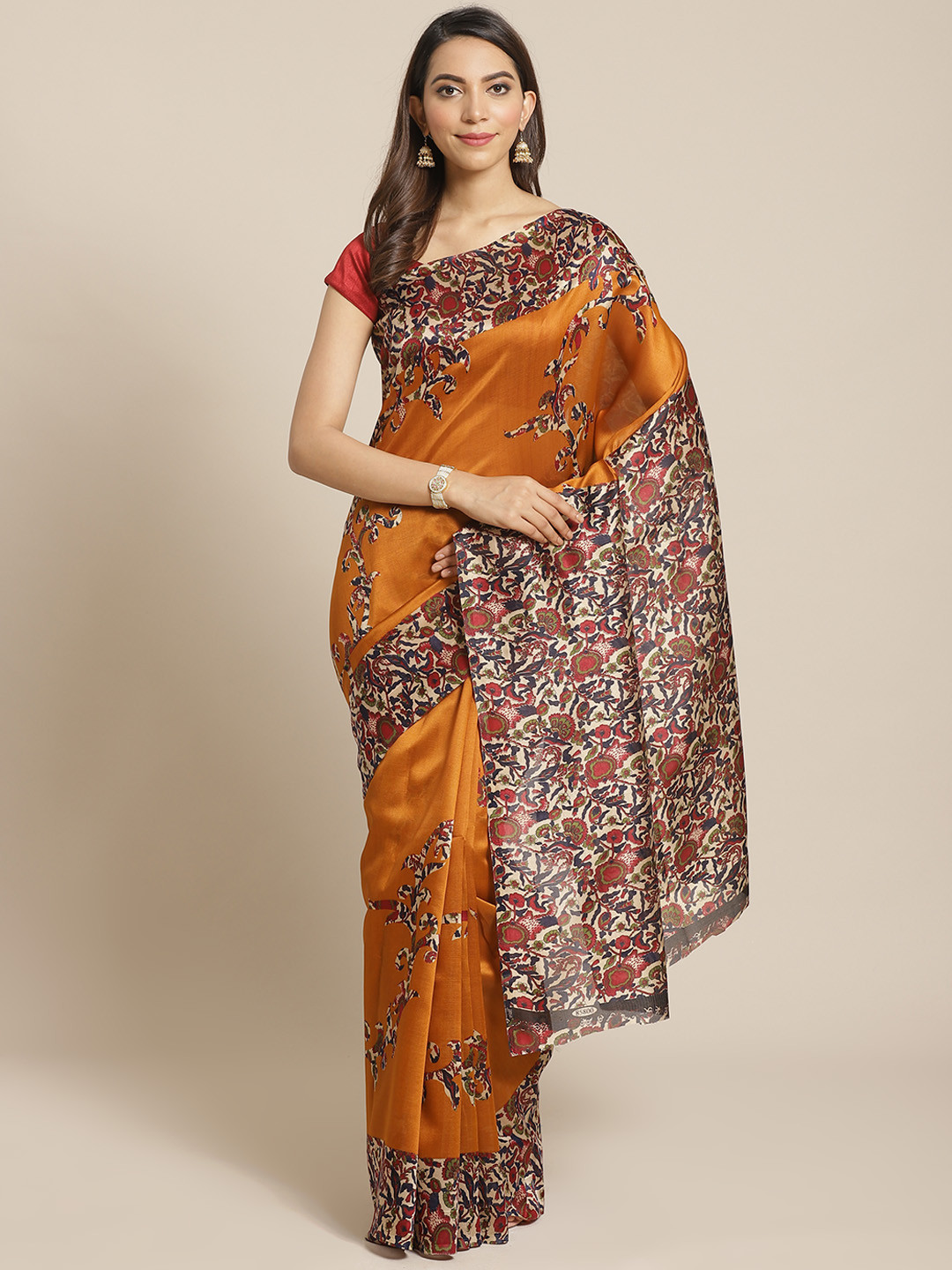 

KALINI Brown & Blue Floral Print Saree