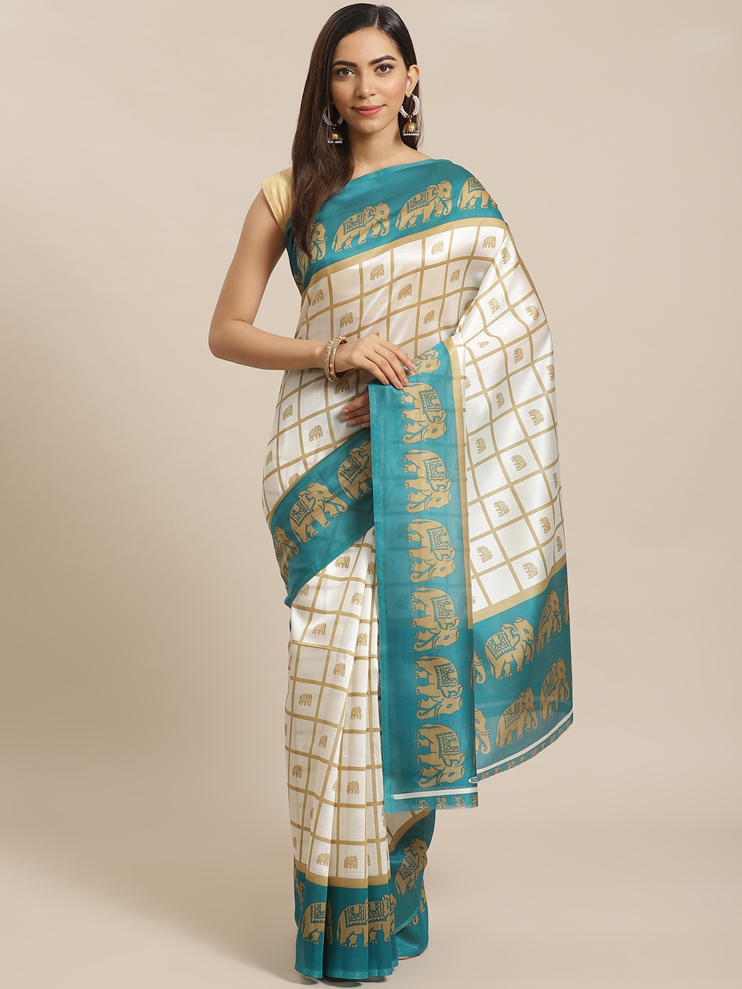 

KALINI White & Golden Checked Mysore Silk Saree