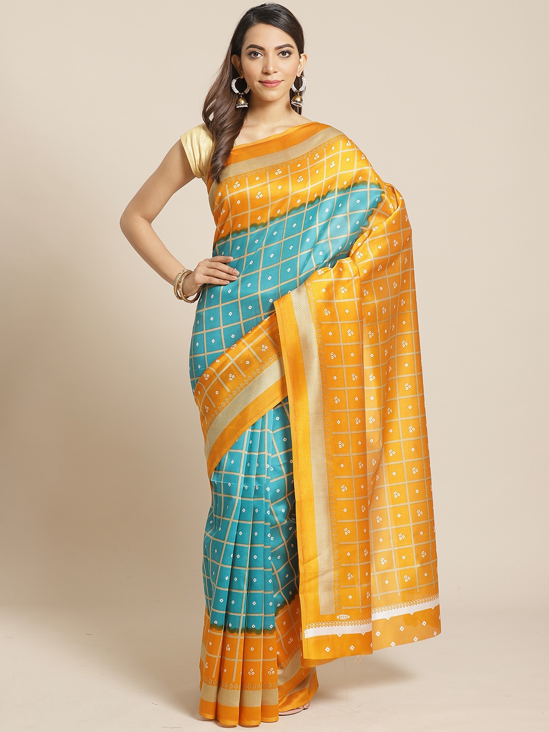 

KALINI Blue & Mustard Yellow Art Silk Checked Mysore Silk Saree