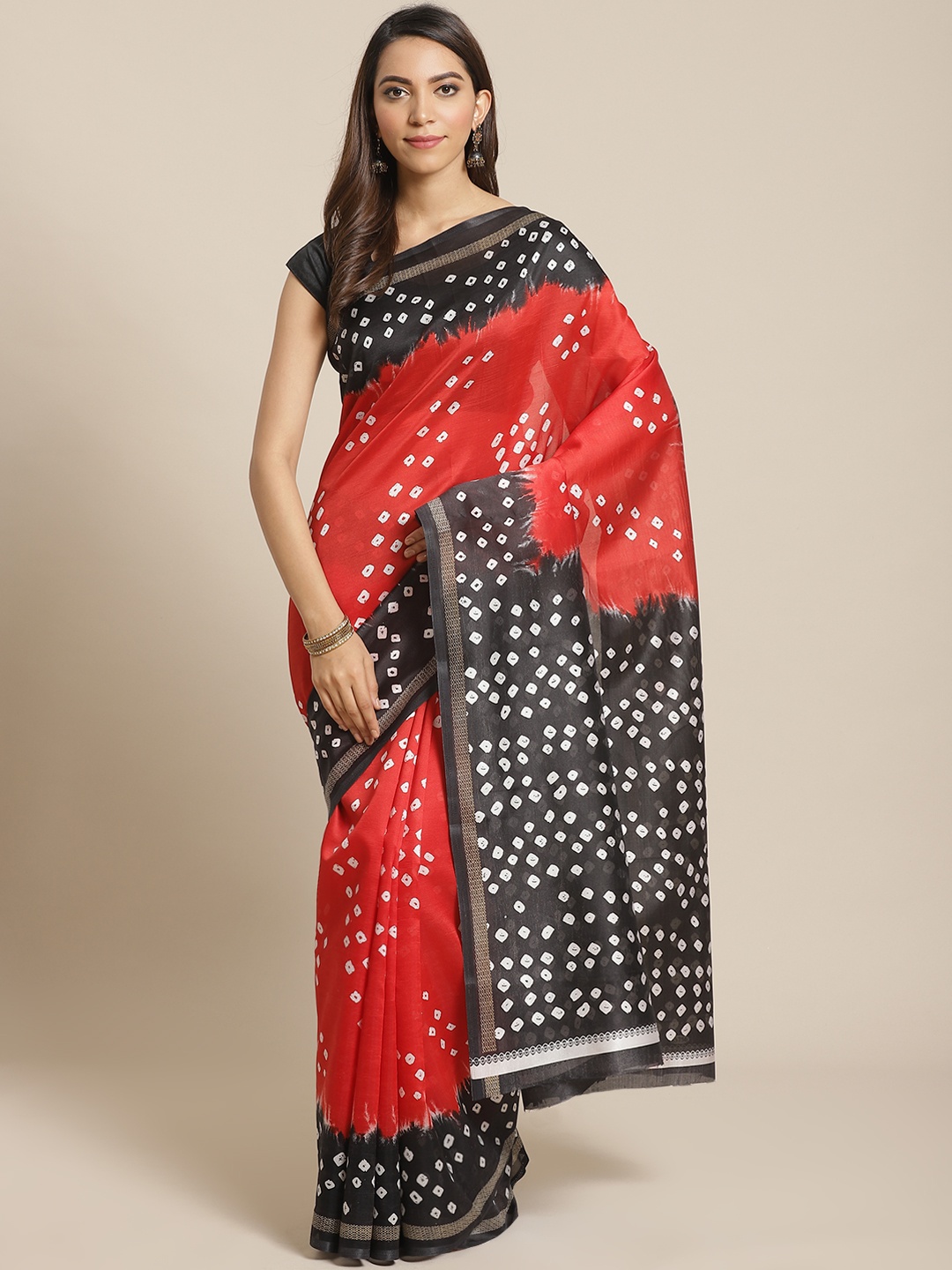 

KALINI Red & Black Geometric Printed Mysore Silk Saree