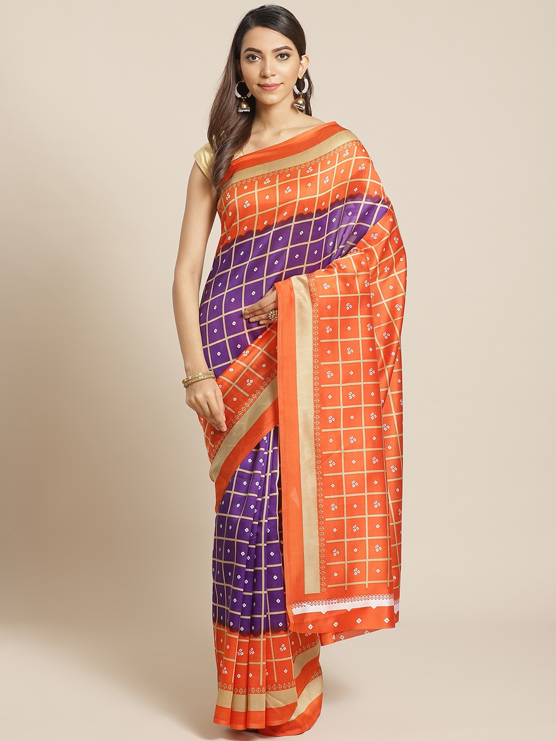 

KALINI Purple & Orange Checked Mysore Silk Saree