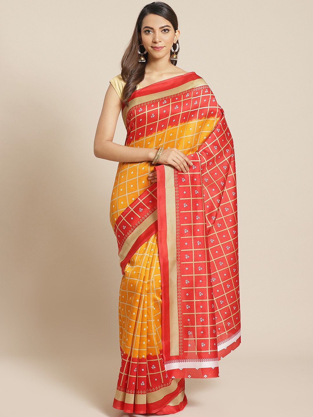 

KALINI Yellow & Red Checked Mysore Silk Saree