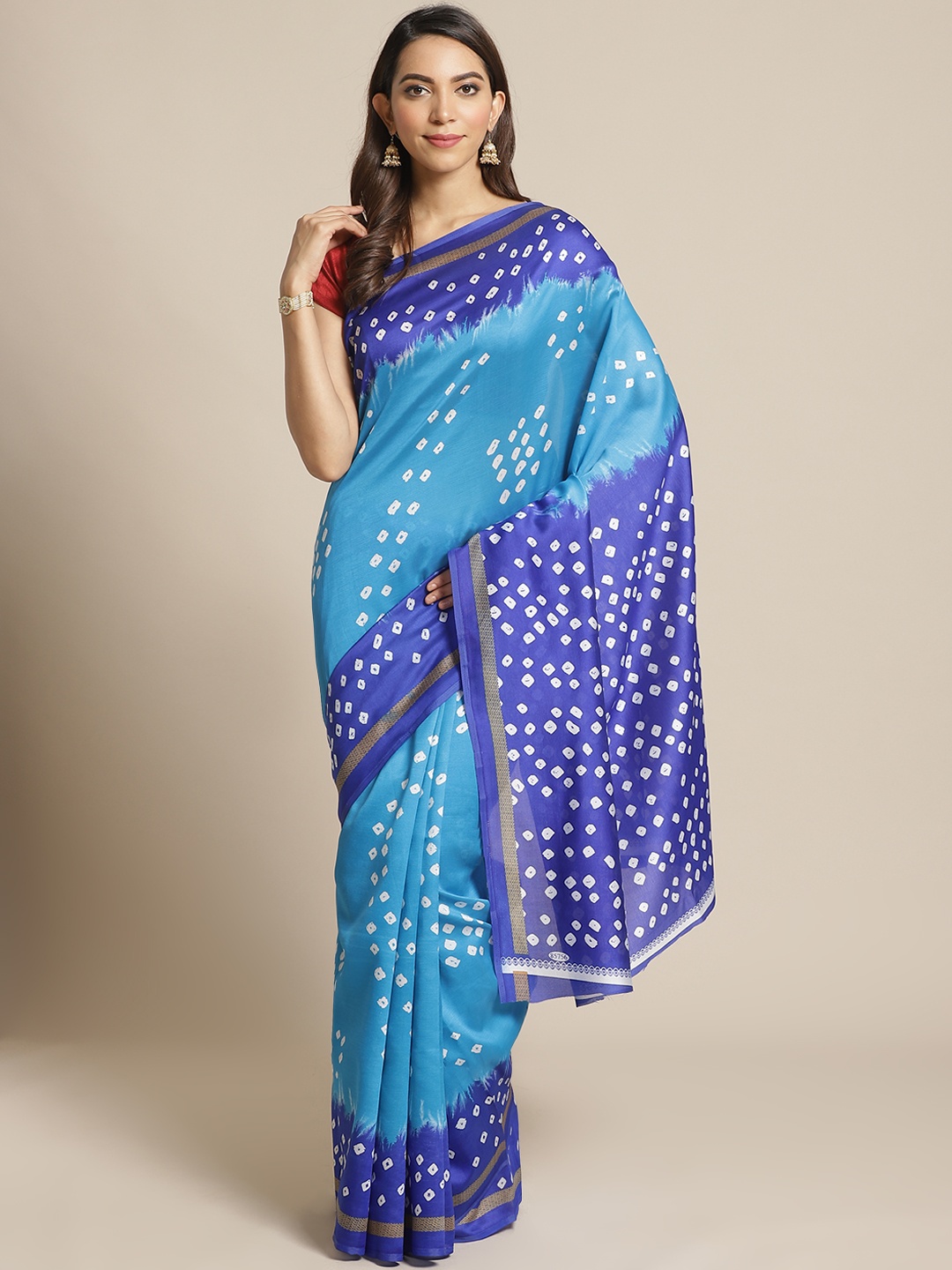 

KALINI Blue & White Bandhani Printed Mysore Silk Saree