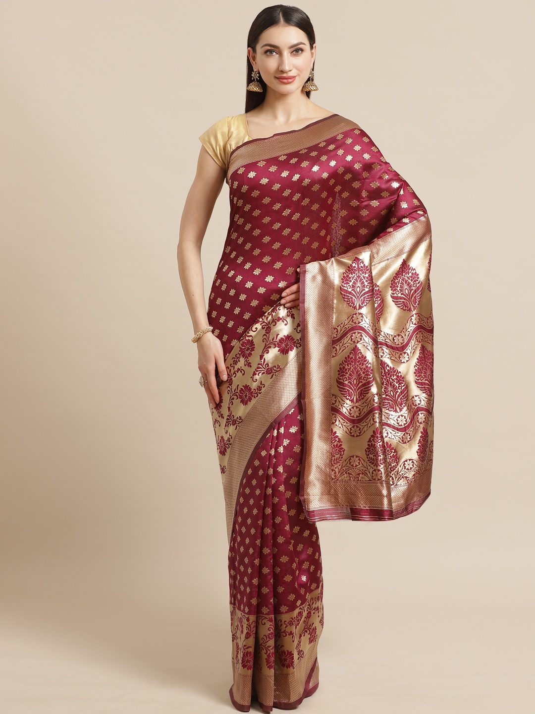 

Mitera Burgundy & Golden Silk Blend Ethnic Motifs Woven Design Kanjeevaram Saree