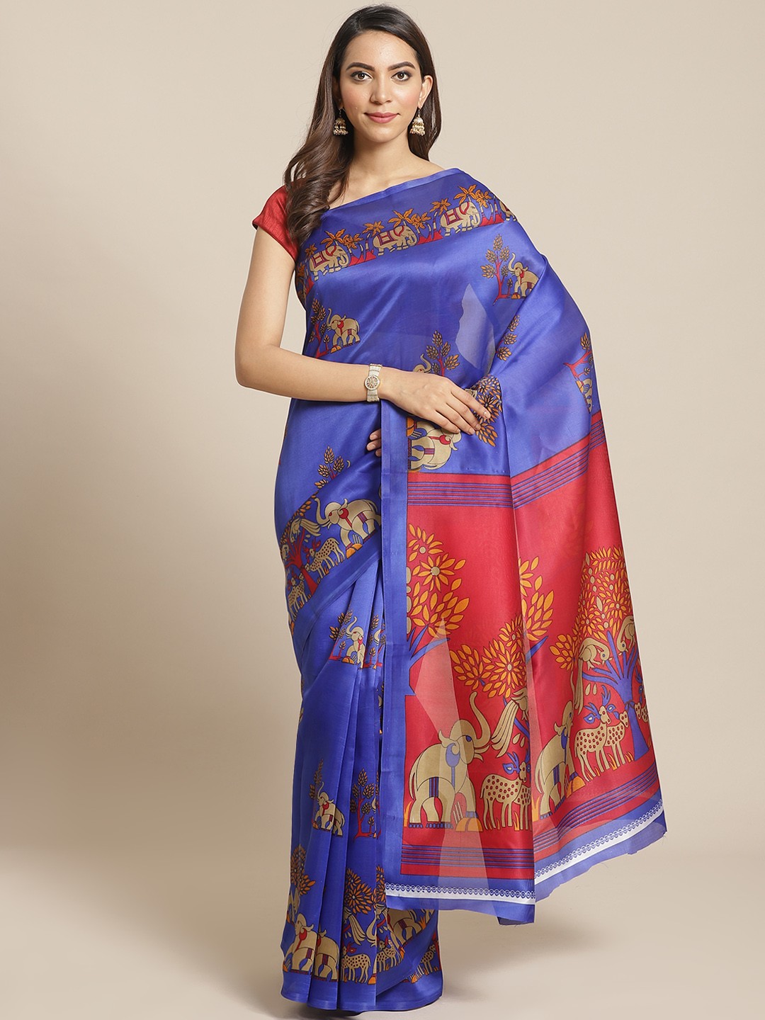 

KALINI Blue & Red Floral Printed Mysore Silk Saree