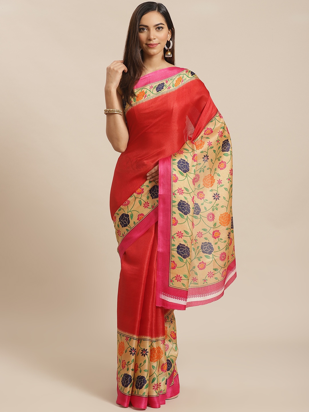 

KALINI Red & Beige Solid Saree