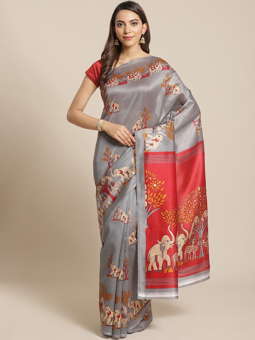 

KALINI Grey & Red Floral Printed Mysore Silk Saree