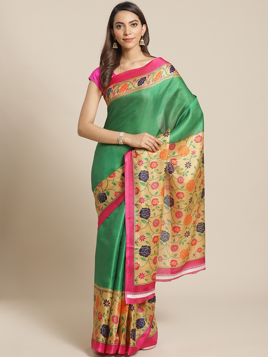 

KALINI Green & Beige Khadi Silk Ethnic Motifs Print Saree