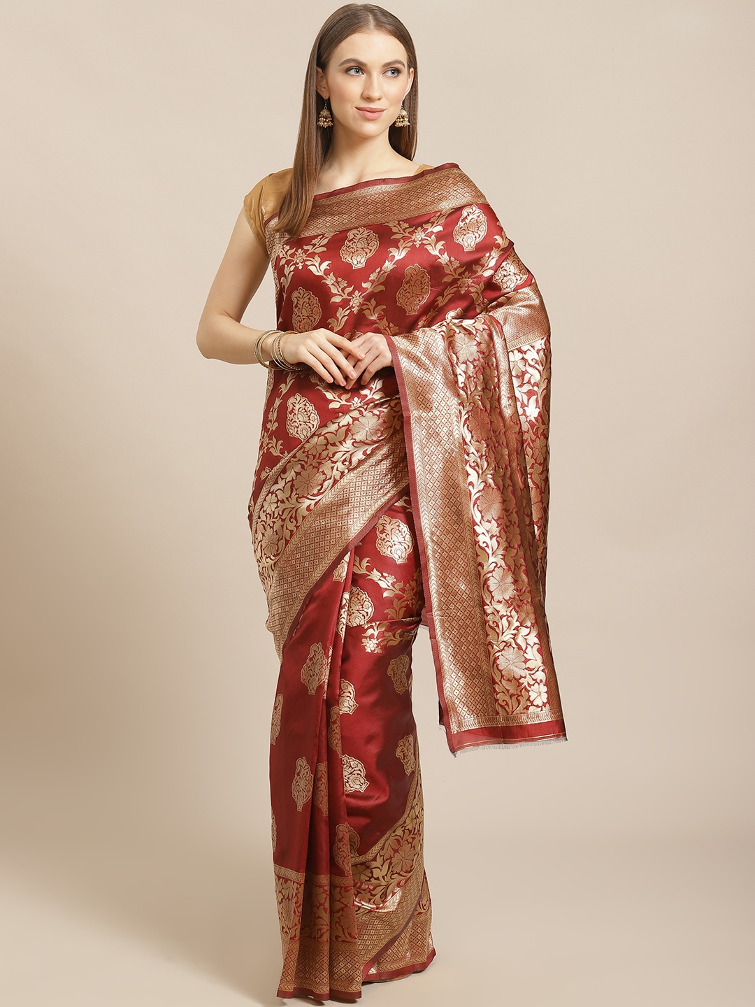 

Mitera Maroon & Golden Woven Design Banarasi Saree